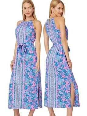 Lilly Pulitzer Bingham Halter Midi Dress-Size Large- Soleil Pink Palm